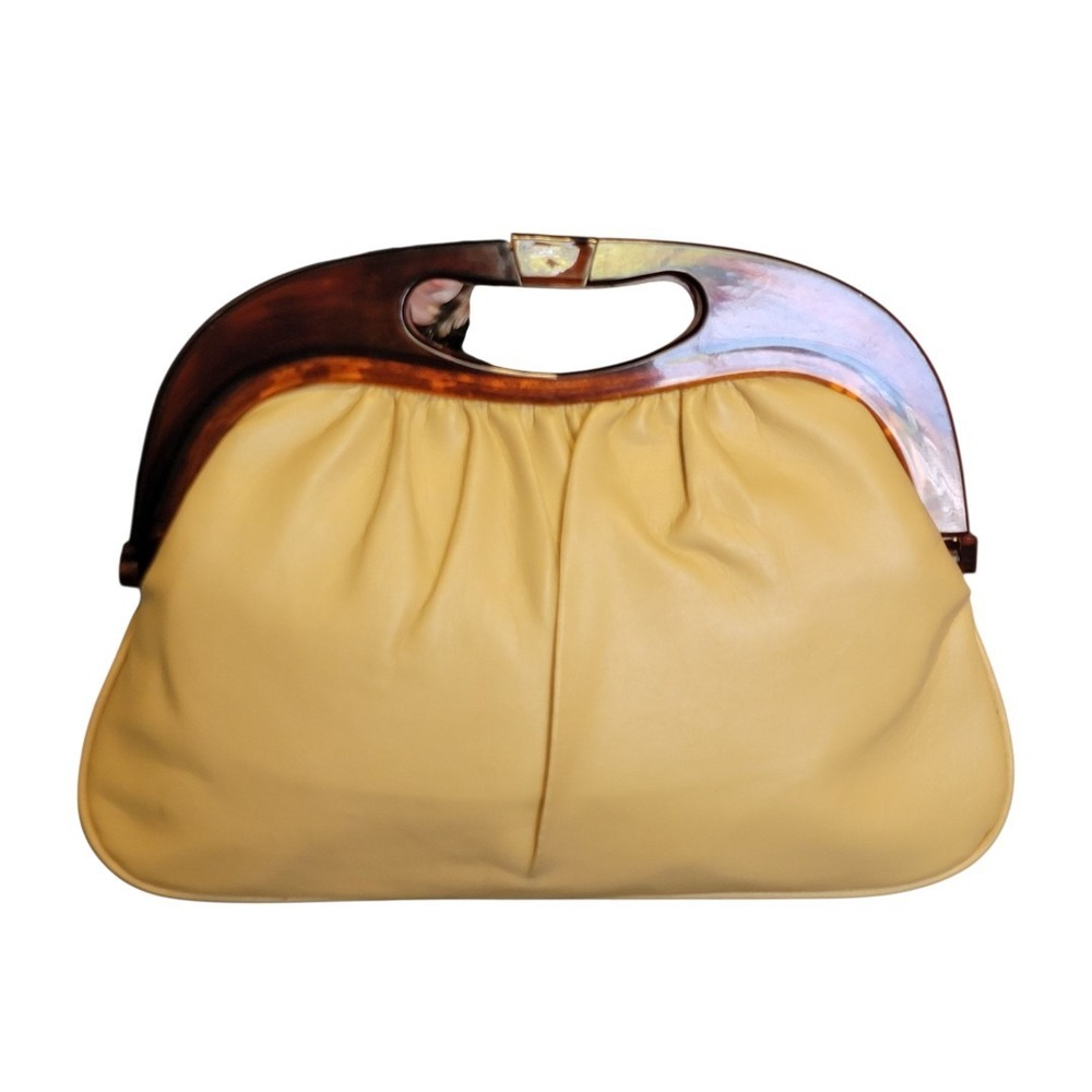 Vintage 70's Tan Clutch Handbag Purse‎ Lucite Handle Faux Leather Retro MCM